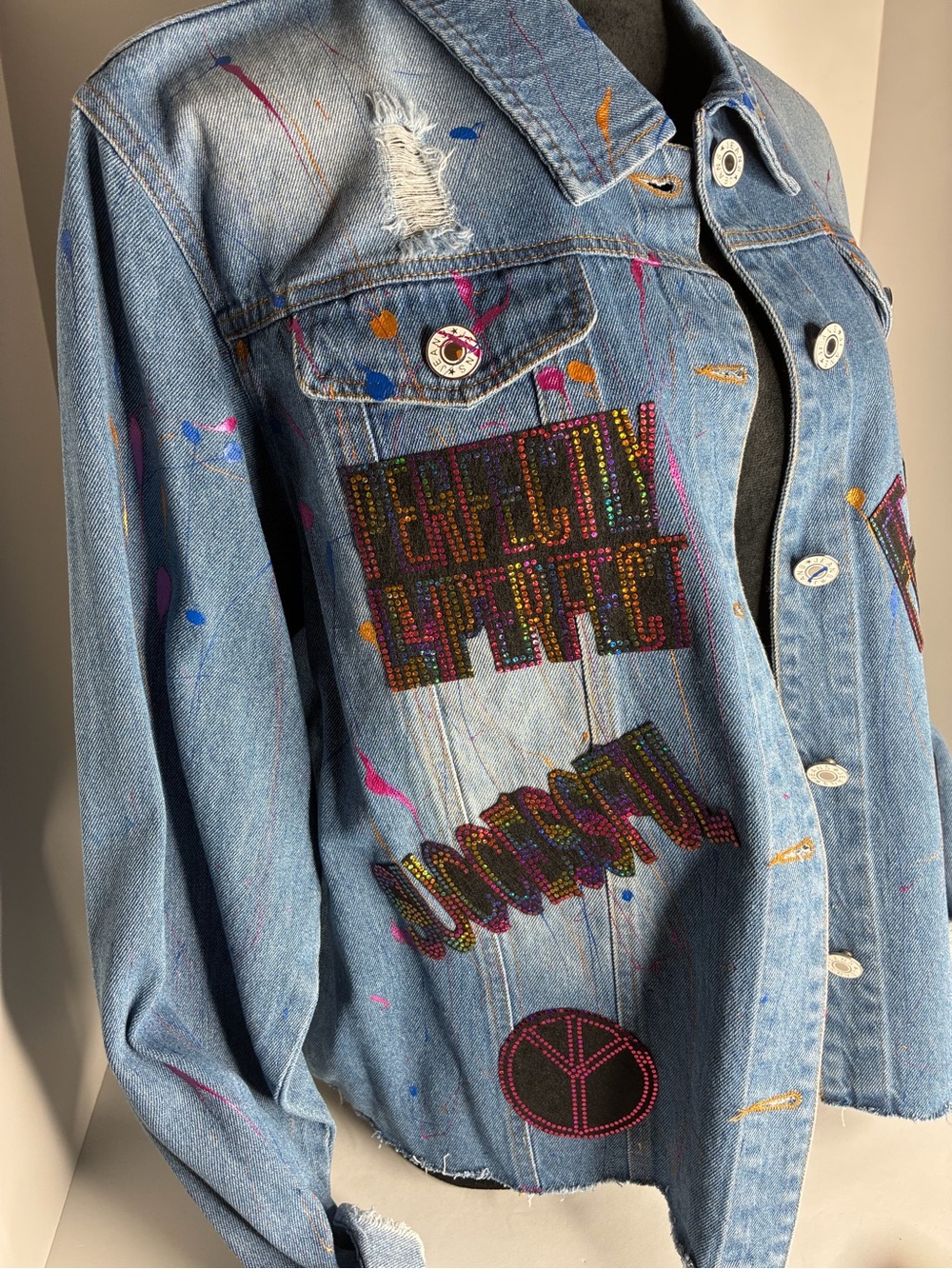 Embellished Light Wash Denim Jacket with Multicolor patches